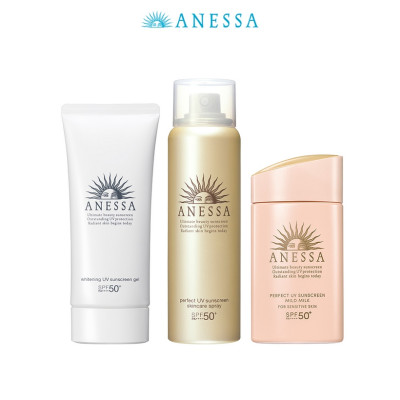 Bộ sản phẩm Kem chống nắng cho da mặt và toàn thân (Anessa Mild Milk 60ml + Brightening Gel 90g + Gold Spray 60g)