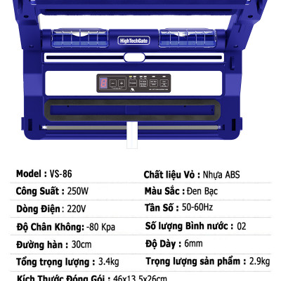 Máy hút chân không VS-86 hút mọi loại túi, tích hợp hàn thông minh, hút khô và hút ướt dễ dàng với 2 bình nước thải, sử dụng 2 motor hút mạnh mẽ, hút và thổi phồng tiện lợi, hàng chính hãng
