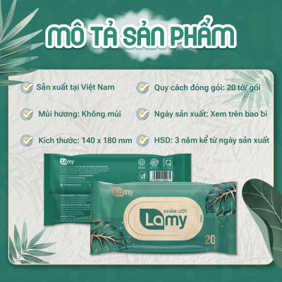 Khăn ướt LAMY 20 tờ cao cấp dành cho em bé không cồn không parabens an toàn cho da nhạy cảm