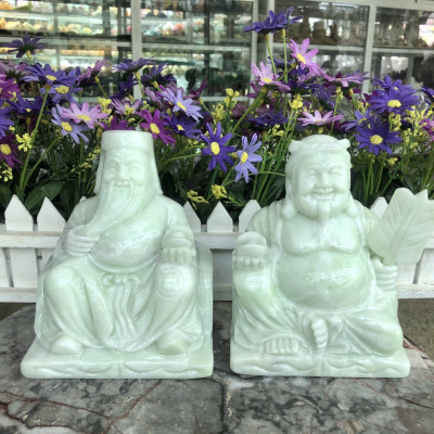 Bộ tượng thờ Tài Địa Thần Tài Thổ Địa đá cẩm thạch trắng xanh - Cao 15 cm