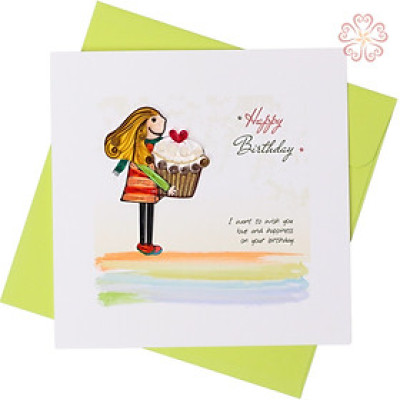 Thiệp Giấy Xoắn Happy Birthday - cố gái ôm giỏ quà - size 15x15cm