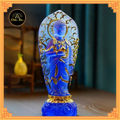 Tượng phật dược sư lưu ly tượng dược sư đứng hào quang xanh dương trang trí 23cm phong thủy, thờ cúng Diệu Tâm
