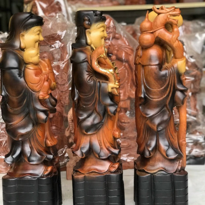 Bộ tượng phật tam đa phúc lộc thọ bằng gỗ hương đá tô làm mầu giả cổ kt 50×17×15cm