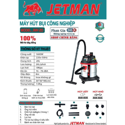 Máy Hút Bụi Công Nghiệp JETMAN 20L, Công Suất 1600W, Mô Tơ 100% Dây đồng, Bảo Hành 1 Năm