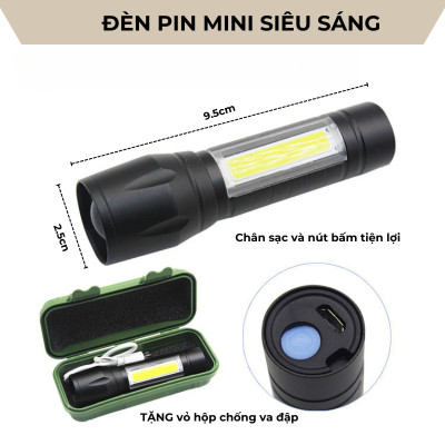 Đèn pin  cầm tay siêu sáng  với 3 chế độ ,đèn pin cao cấp  ,dây cắm sạc và nút bấm tiện lợi , kèm hộp đựng  chống sốc nhỏ gọn thuận lợi cho việc mang theo