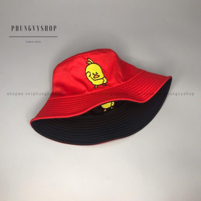  Mũ nón 2 mặt CHÚ VỊT NGỐ- nón bucket tai bèo vành - ĐEN-ĐỎ