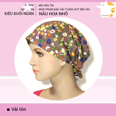 Nón hóa trị vải mềm mát, hút mồ hôi, bệnh nhân ung thư, chemo hat, nón trùm đầu [KIỂU ĐUÔI NGẮN-NÂU HOA NHỎ] 