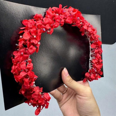 Băng đô cài tóc hoa nhí đỏ đính hạt pha lê mẫu mới