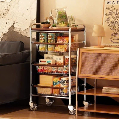 Xe Đẩy Kệ Để Đồ Đa Năng Nhiều Ngăn Tầng Có Ván Gỗ Retro Vintage – Khung Kim Loại Chắc Chắn, Kệ Trang Trí Nhà Bếp Phòng Khách - HÀNG CHÍNH HÃNG MINIIN