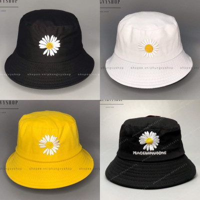 Mũ bucket thêu Hoa cúc thiếu cánh- nón tai bèo vành