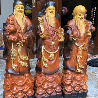 Bộ tượng phật tam đa phúc lộc thọ bằng gỗ hương đá tô làm mầu giả cổ kt 50×16×13cm