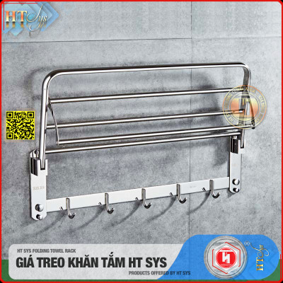 Kệ nhà tắm inox 304 cao cấp HT SYS - HTGT02 - Tích hợp giá treo khăn tắm, vắt khăn tắm, móc treo đồ -Hàng Chính Hãng
