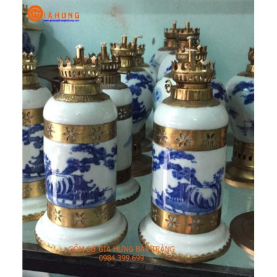 Đèn dầu thờ bọc đồng  gốm Gia Hưng Bát Tràng
