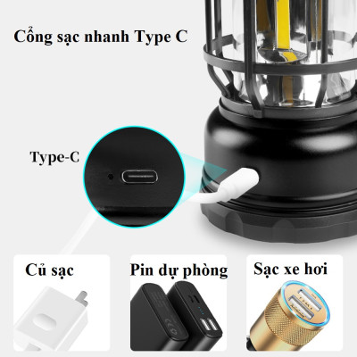 Đèn Cắm Trại, Đèn Camping Phong Cách Cổ Điển, Đèn Pin Sạc Tích Điện USB, Đèn Măng Xông - Hàng Nhập Khẩu