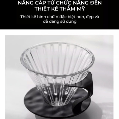 Phễu thuỷ tinh V60 rãnh thẵng đế nhựa đen CAFE DE KONA