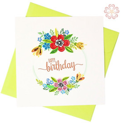 Thiệp Quilling nghệ thuật , vòng hoa birthday - size 15x15cm