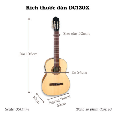 Đàn guitar classic có EQ Duy Guitar DC120X thùng full size có khuyết gỗ Hồng đào nguyên tấm âm thanh tốt