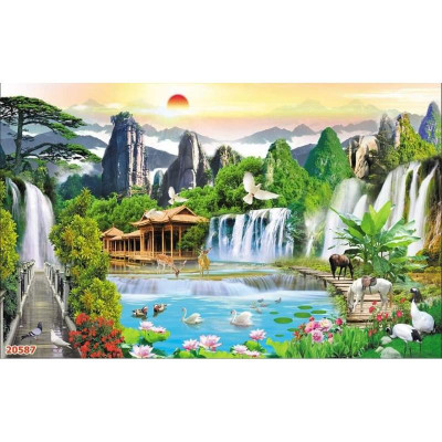 Tranh dán tường 3D sơn thủy hữu tình , phong cảnh, thác nước nhận in theo kích thước yêu cầu