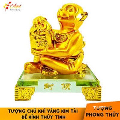 Tượng chú khỉ vàng đế kính thủy tinh cao cấp - Tượng HẦU TÔN ÔM VÀNG - Hàng Nhập Khẩu