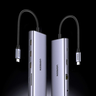 Ugreen UG15601CM498TK USB type C sang 1 x HDMI 4K30hz + 1 x VGA xuất cùng lúc + 1 x RJ45 1Gbps + TF + SD + 3 x USB 3.0 + 1 x 3.5mm NO MIC + 1 x USB-C PD 100W Bộ chuyển 10in1 - HÀNG CHÍNH HÃNG