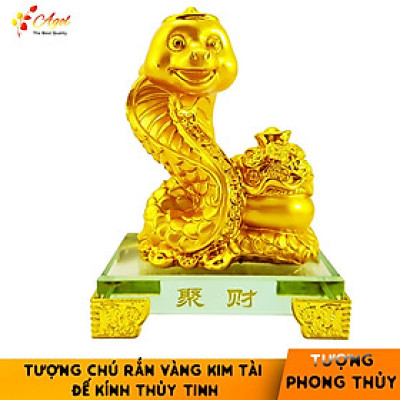 Tượng chú rắn vàng đế kính thủy tinh cao cấp - Tượng Tỵ Đắc Lộc - Hàng Nhập Khẩu