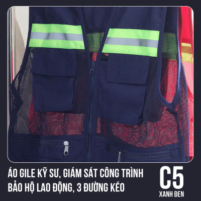 Áo Gile Kỹ Sư, Giám Sát Công Trình, Bảo Hộ Lao Động, 3 Đường Kéo - Mã C5 (Xanh Đen)