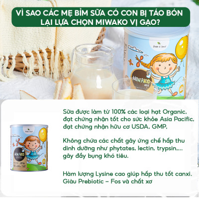 Sữa MIWAKO Vị Gạo Hộp 700g x 1 Hộp Chuẩn Hữu Cơ USDA, Cải Thiện Tiêu Hóa, Thuần Chay - Miwako