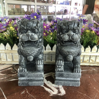 Cặp Kỳ Lân phong thủy gác cổng đá cẩm thạch vân đen - Cao 20 cm