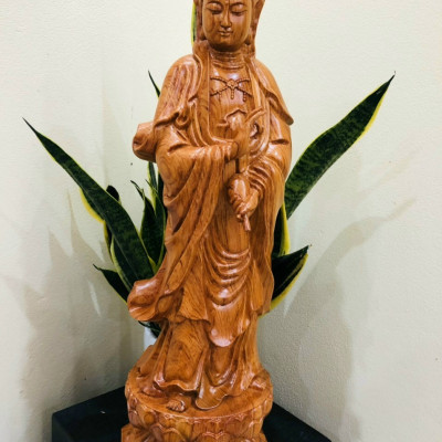 Tượng phật bà quan âm bồ tát bằng gỗ hương đá liền khối kt cao 60×16×16cm