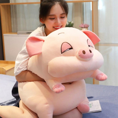 Gấu bông heo mắt híp cao cấp, thú nhồi bông heo ngủ vải nhung co giãn 4 chiều