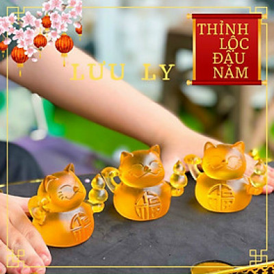 Tượng Mèo Thần Tài, Mèo May Mắn Maneki Neko vẫy tay đá lưu ly