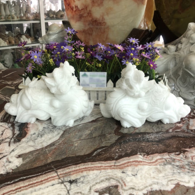 Cặp Tỳ Hưu phong thủy đá cẩm thạch trắng - Dài 25 cm