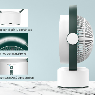 Quạt sạc tích điện SUNHOUSE SH7116, quạt mini để bàn kiêm đèn ngủ, 3 mức gió siêu mát - Hàng chính hãng