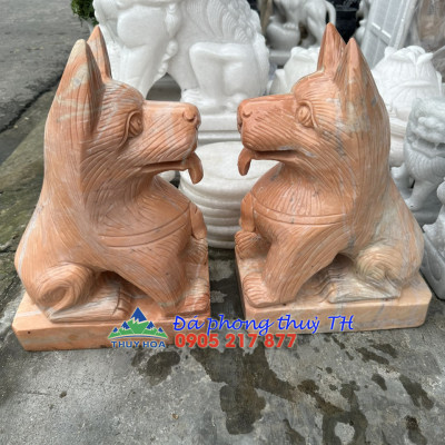 Cặp tượng chó đá phong thủy gác cổng đá cẩm thạch vàng cà rốt - Cao 40 cm