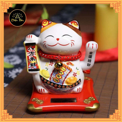 Mèo thần tài may mắn vẫy tay năng lượng mặt trời gốm sứ cao cấp