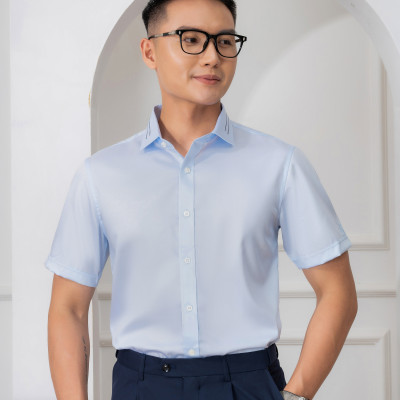 Áo sơ mi nam ngắn tay ALIGRO màu xanh vải cotton chống nhăn, kháng khuẩn cao cấp form slim vừa công sở ALGS-C114