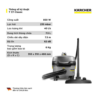 [Sản xuất Châu Âu] Máy hút bụi khô công nghiệp Karcher T 7/1 Classic - Hàng chính hãng