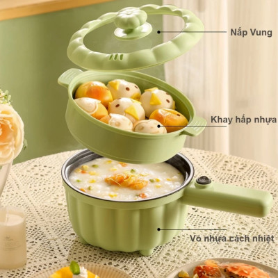Nồi Điện Mini 2 Đa Chức Năng Kèm Lồng Hấp, Ca Mỳ Tay Cầm Nồi Bí Ngô 2 Tầng Nấu Cơm, Chiên, Xào, Rán Tiện Lợi - Hàng Chính Hãng MINIIN