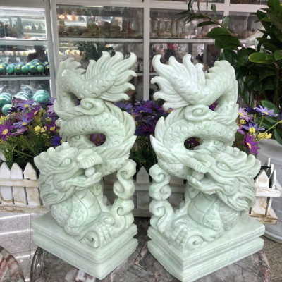 Cặp Rồng đứng phong thủy đá cẩm thạch trắng xanh - Cao 30 cm