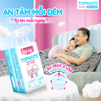 Tã/Bỉm Quần người lớn TOPPANTS Siêu Thấm, Chống Trào, Kháng Khuẩn Size M/L/XL (54 Miếng)