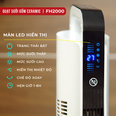 Máy sưởi gốm không khô da nhập khẩu FUJIHOME FH2000 điều khiển từ xa, quạt sưởi ấm mini hẹn giờ, tự động ngắt ,không phát sáng, không đốt oxi- Hàng nhập khẩu