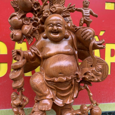 Tượng phật di lặc ngũ phúc tay vác cành đào kt 60×24×23cm