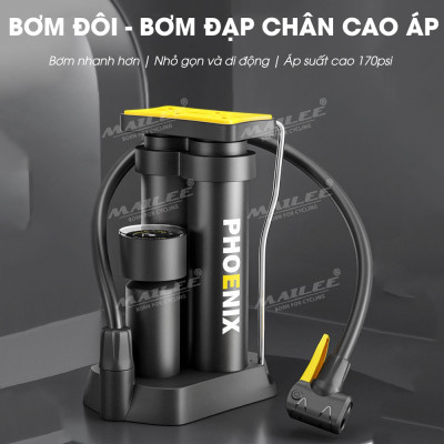 Bơm Chân Mini Di Động FP-9809E cho Xe máy/ xe đạp/ xe ô tô, ống đôi, 170 psi, vỏ nhựa ABS, lõi bơm nhôm, van đa năng 2 lỗ đa dụng - Mai Lee