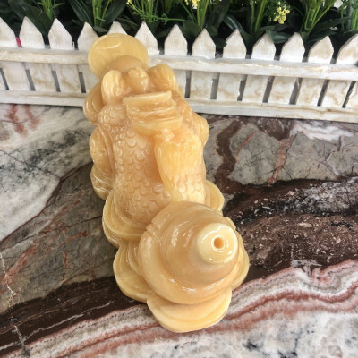 Tượng Cóc Ba Chân ngậm tiền, Thiềm Thừ phong thủy cõng hồ lô chiêu tài lộc đá ngọc hoàng long - Dài 20 cm