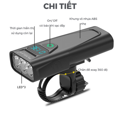 Đèn Pha Xe Đạp Chiếu Sáng Chống Nước CD-30 Gắn Tay lái, Vỏ nhựa ABS, Sạc Điện Type-C Có Đồng Hồ Hiển Thị Thời Gian Lượng Pin, Có Hỗ trợ Sạc Khẩn Cấp - Mai Lee