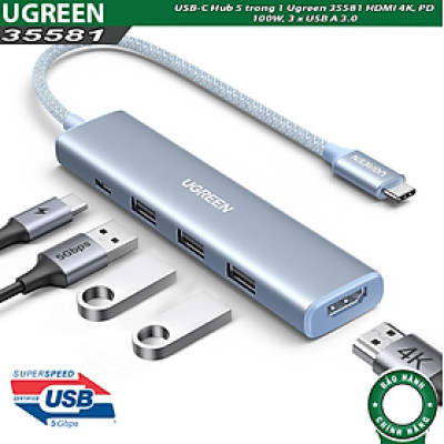 Cáp chuyển USB-C sang HDMI + PD 100W + 3 x USB 3.0 Ugreen 35581 - Hàng chính hãng