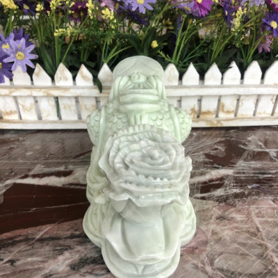 Tượng Cóc Ba Chân, Cóc Ngậm Tiền, Thiềm Thừ phong thủy cõng bắp cải chiêu tài lộc đá cẩm thạch trắng xanh - Dài 20 cm