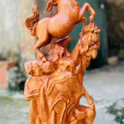 Tượng song mã uyên ương gỗ hương đá kt 60×29×15cm 