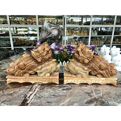 Cặp Tỳ Hưu phong thủy đá cẩm thạch vân gỗ có đế - Dài 30 cm