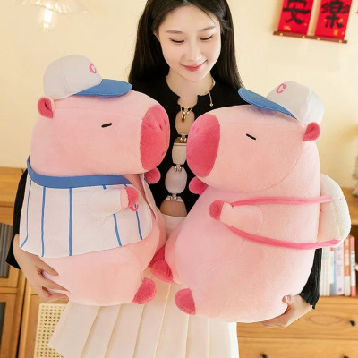 Thú nhồi bông capybara màu hồng mặc áo bóng chày dễ thương - Size từ 30cm đến 40cm - Quà tặng gấu bông capybara chuột lang êm mịn